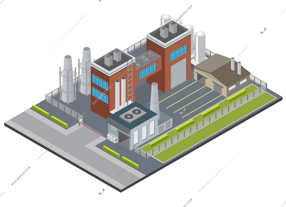 Factory infrastructure isometric background with entrance industrial buildings chimney garage on fencing territory 3d vector illustration