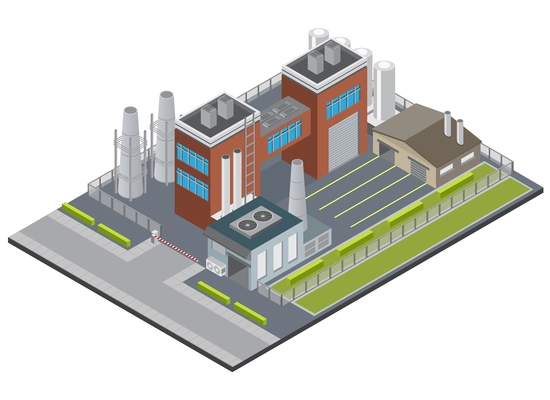 Factory infrastructure isometric background with entrance industrial buildings chimney garage on fencing territory 3d vector illustration