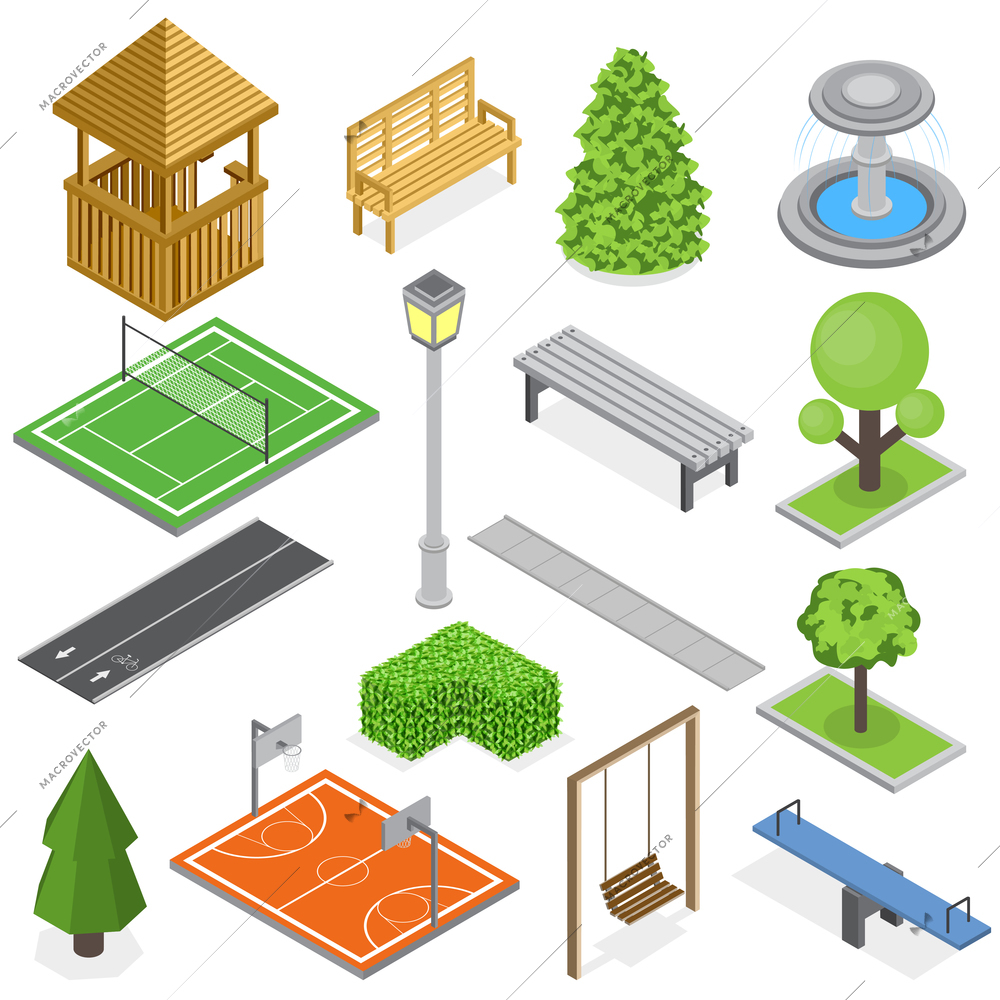 City park infrastructure isometric set of elements of greenery kid playground and sport courts isolated vector illustration