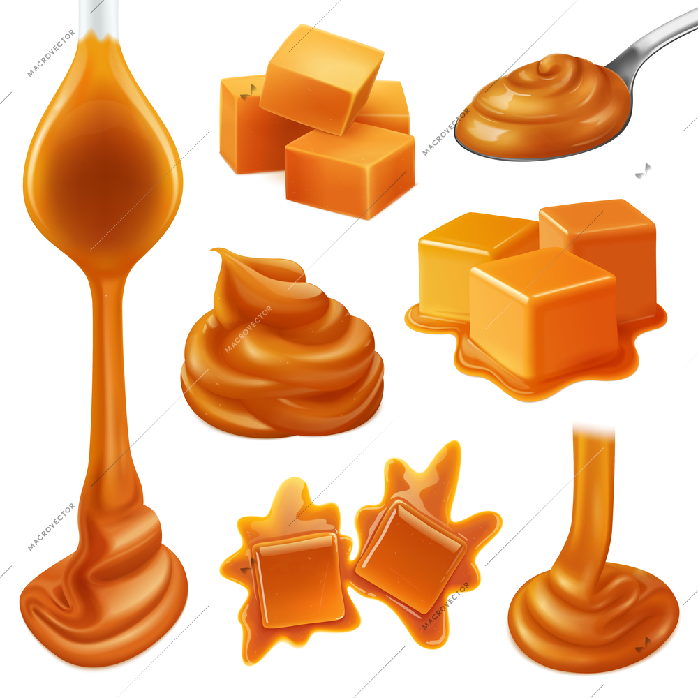 Realistic caramel candies icon set with creamy liquid and creamy drops of caramel vector illustration