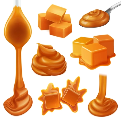 Realistic caramel candies icon set with creamy liquid and creamy drops of caramel vector illustration