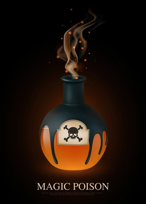 Colored realistic poison composition with magic poison headline and scull on bottle vector illustration