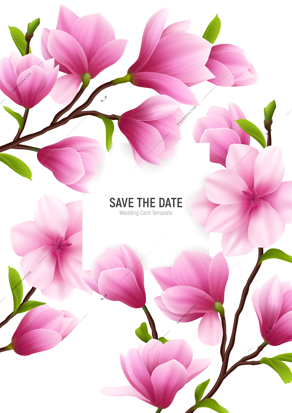 Colored realistic magnolia flower frame with save the date headline and delicate pink flowers vector illustration