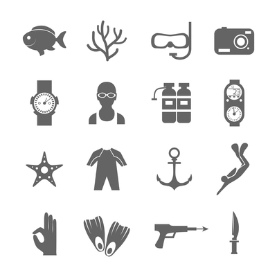 Diving scuba black silhouette icons set of underwater sport symbols isolated vector illustration.