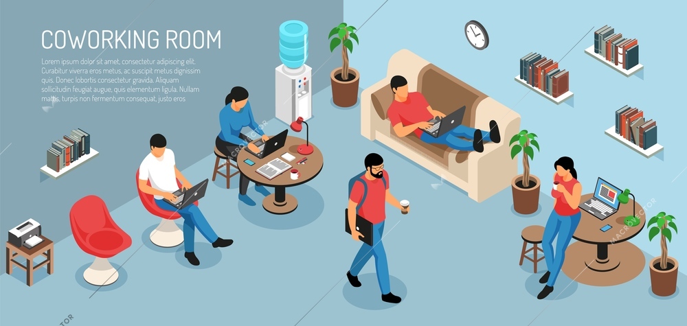 Isometric freelancer horizontal composition with editable text and domestic room interior with young people at work vector illustration