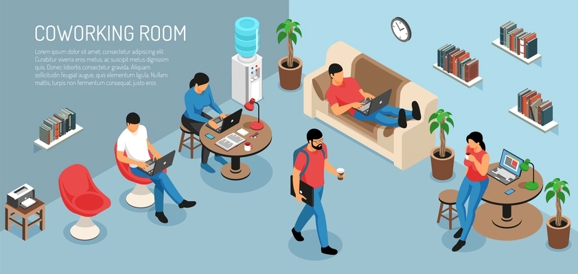 Isometric freelancer horizontal composition with editable text and domestic room interior with young people at work vector illustration