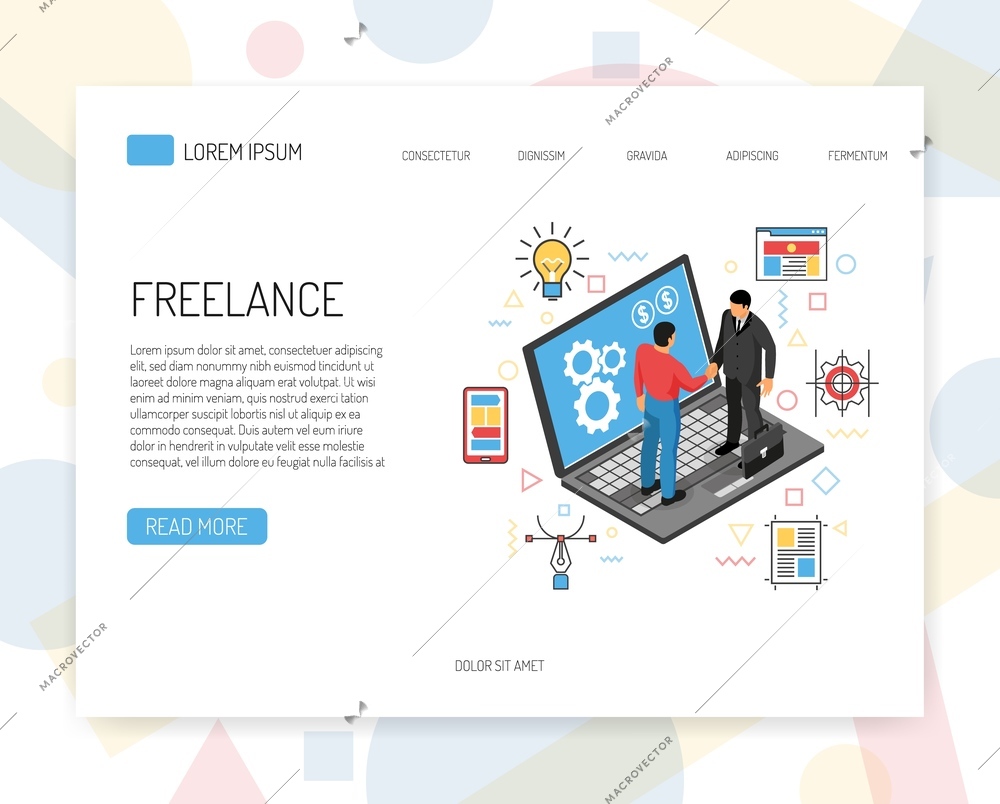 Isometric freelancer concept banner with clickable links buttos and conceptual image of collaborating people and laptop vector illustration