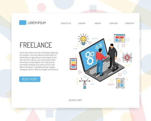 Isometric freelancer concept banner with clickable links buttos and conceptual image of collaborating people and laptop vector illustration