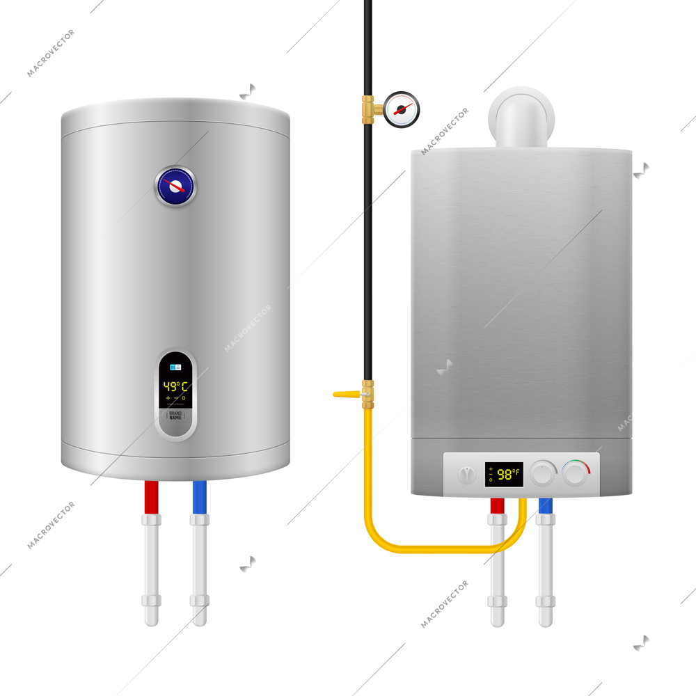 Colored realistic water heater boiler composition with two isolated and different equipment and pipes vector illustration