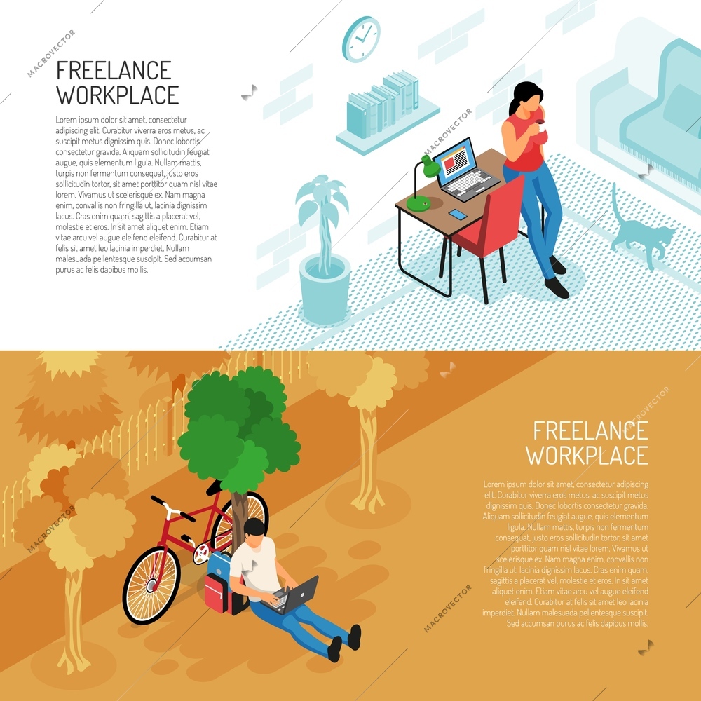 Set of two horizontal freelancer banners with domestic interior workplace and outdoor scenery with editable text vector illustration