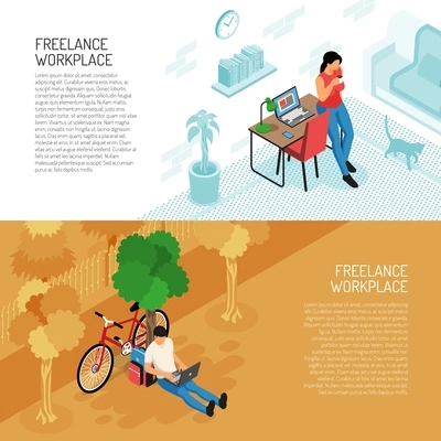 Set of two horizontal freelancer banners with domestic interior workplace and outdoor scenery with editable text vector illustration