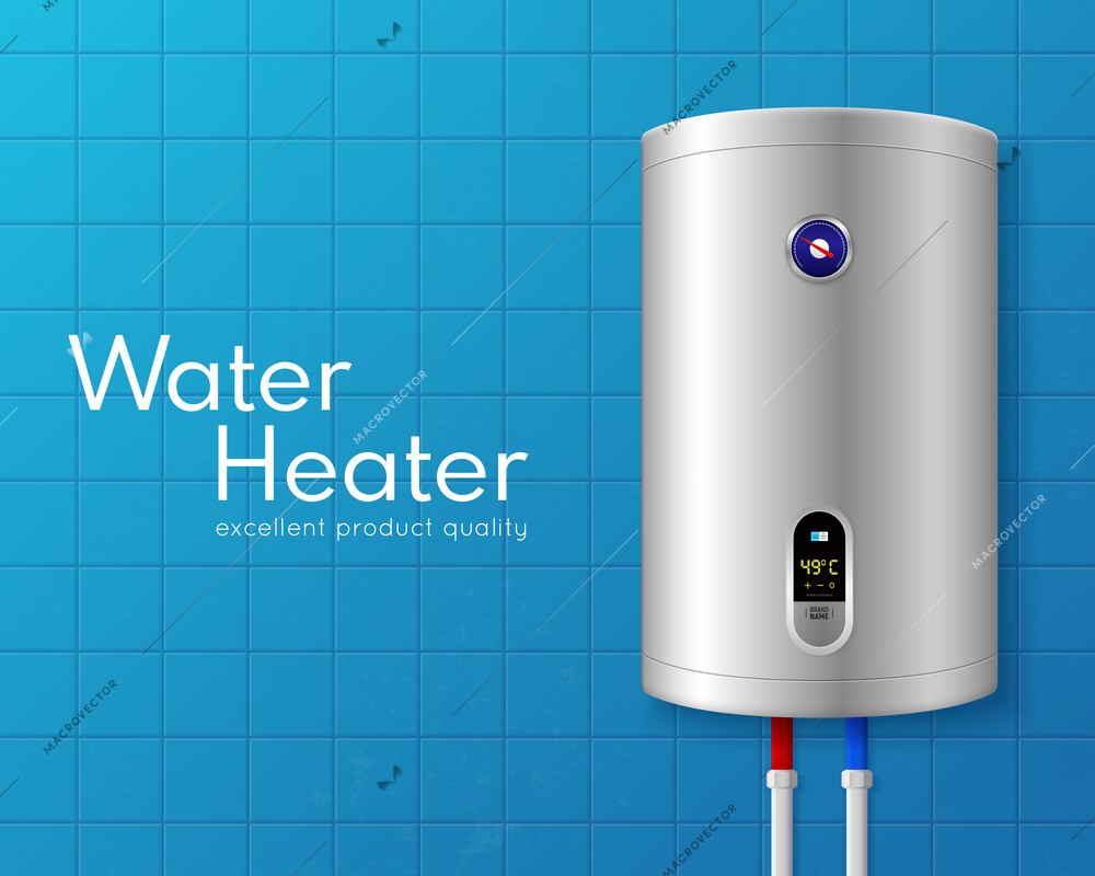 Colored realistic electric water heater boiler poster with big white headline and on light blue wall vector illustration