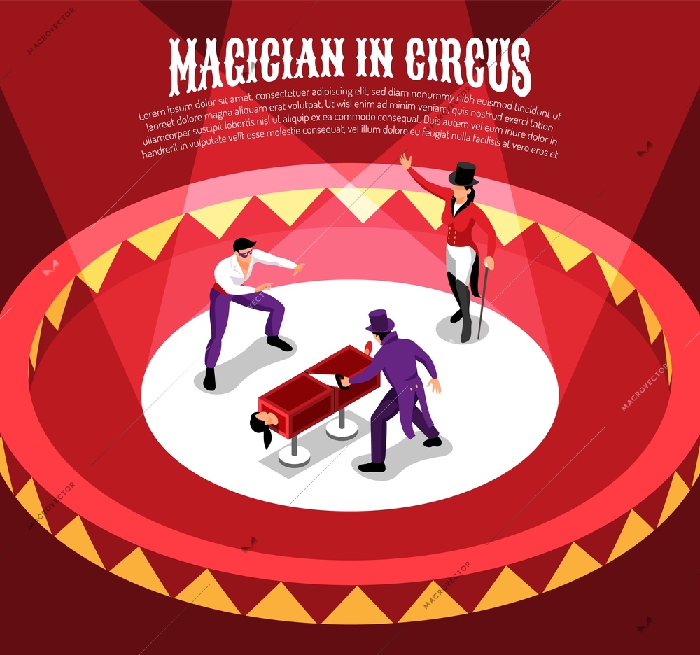 Isometric circus composition with entertainer characters performing conjuring tricks on circle arena with editable text vector illustration