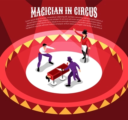 Isometric circus composition with entertainer characters performing conjuring tricks on circle arena with editable text vector illustration