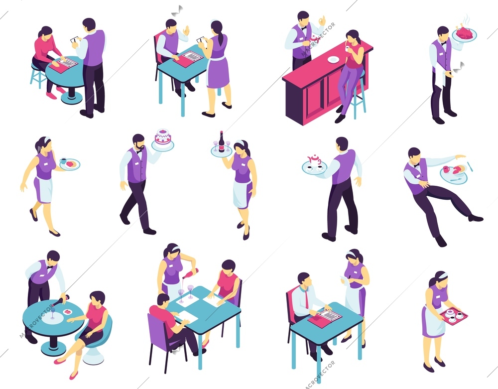 Isometric restaurant waiter set with isolated images of people attending cafe and waiter characters in uniform vector illustration