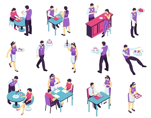 Isometric restaurant waiter set with isolated images of people attending cafe and waiter characters in uniform vector illustration