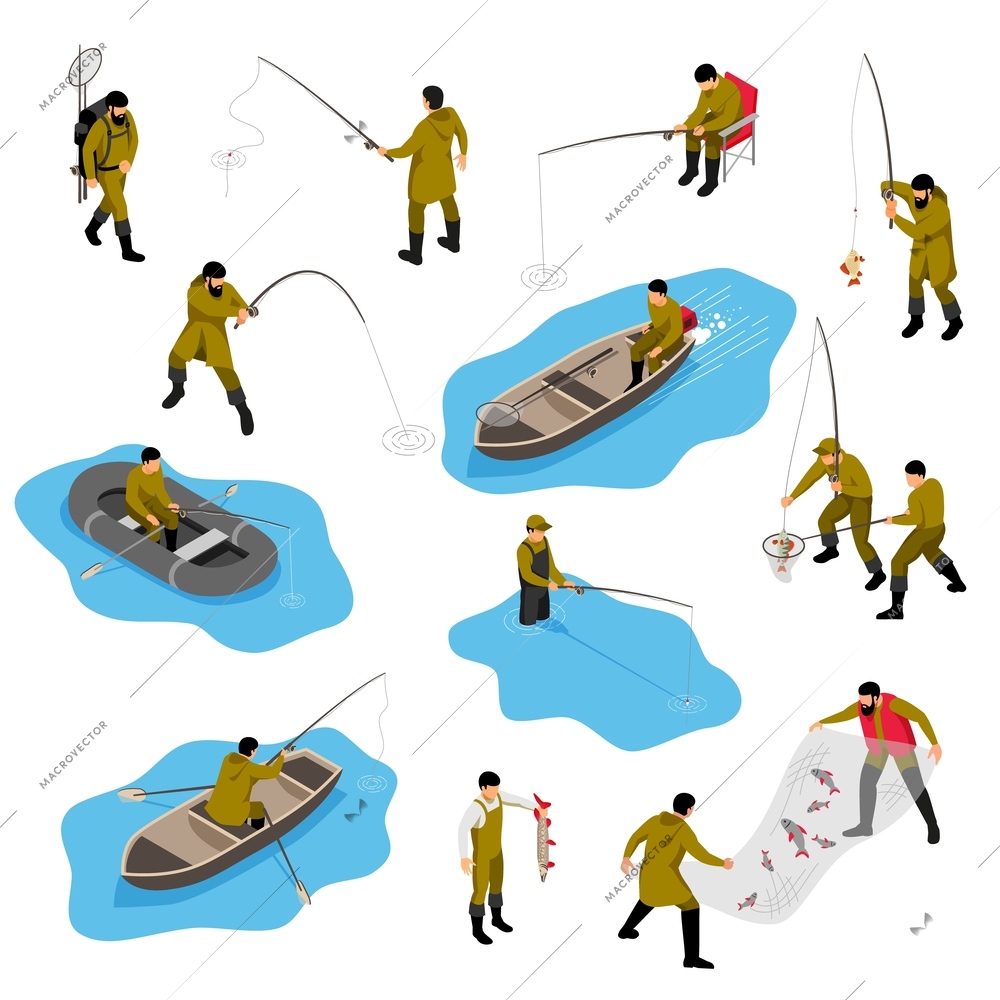Isometric fisherman set with isolated human characters of piscators in different situations with boats and tackle vector illustration