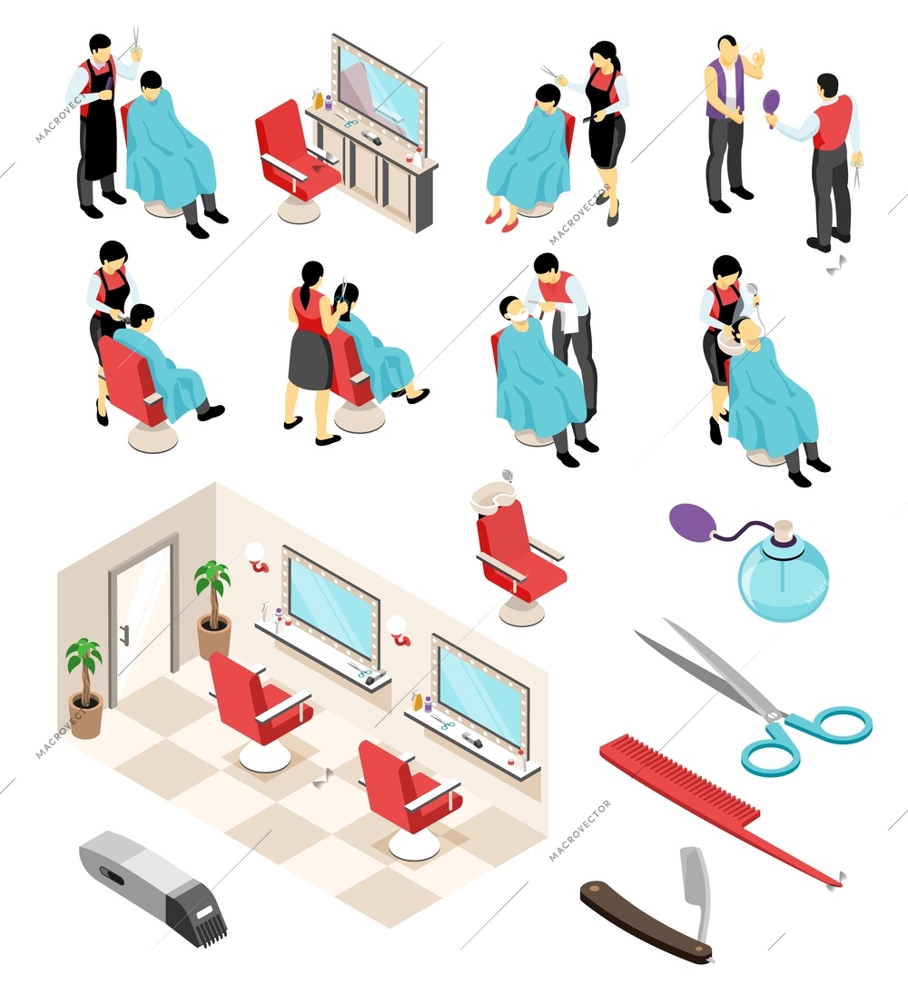 Isometric barber hairdresser professional set with human characters pieces of furniture and hair dressing equipment instruments vector illustration