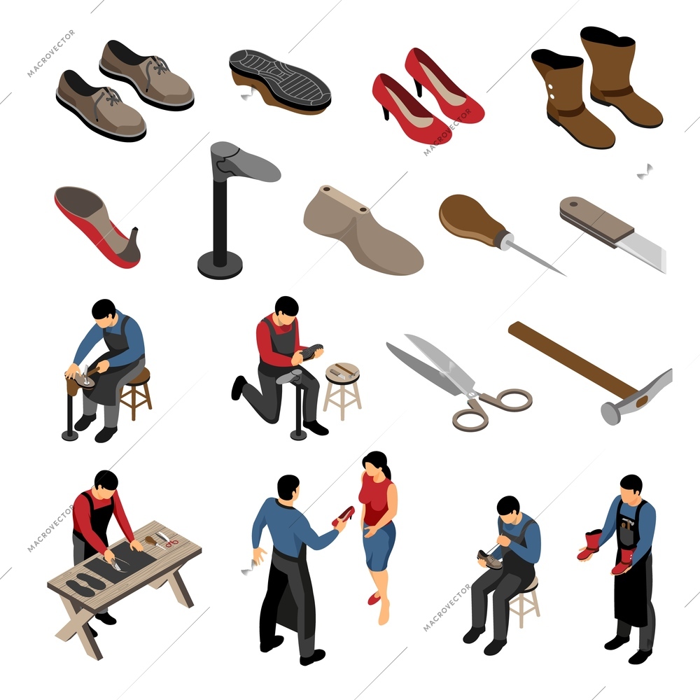 Isometric shoemaker set with various models of shoes for men and women with human characters vector illustration