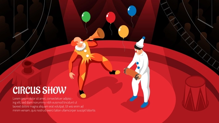 Circus show with clowns performance in rays of spotlight isometric horizontal vector illustration