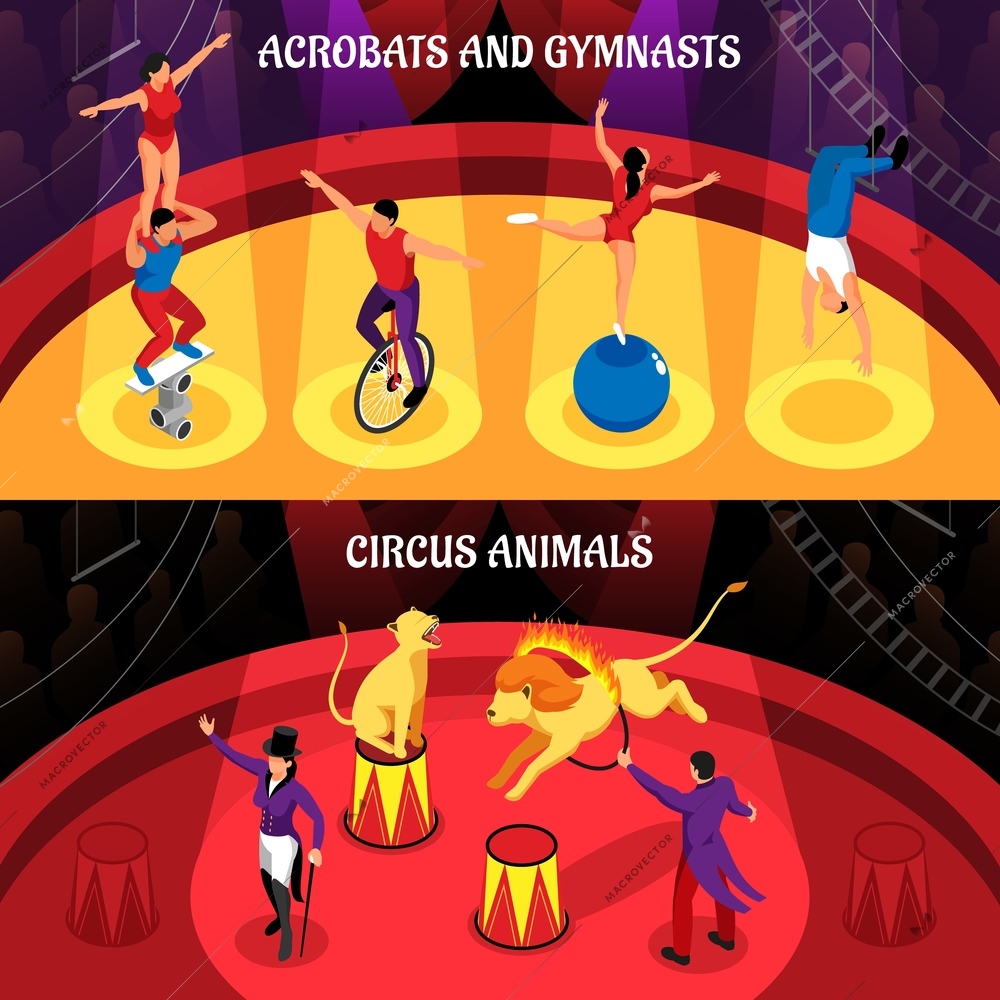 Circus professions set of horizontal isometric banners trained animals acrobats and gymnasts isolated vector illustration