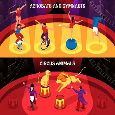 Circus professions set of horizontal isometric banners trained animals acrobats and gymnasts isolated vector illustration