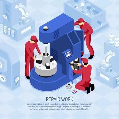 Mechanics in red uniforms during repair work at machine tool in shop isometric vector illustration