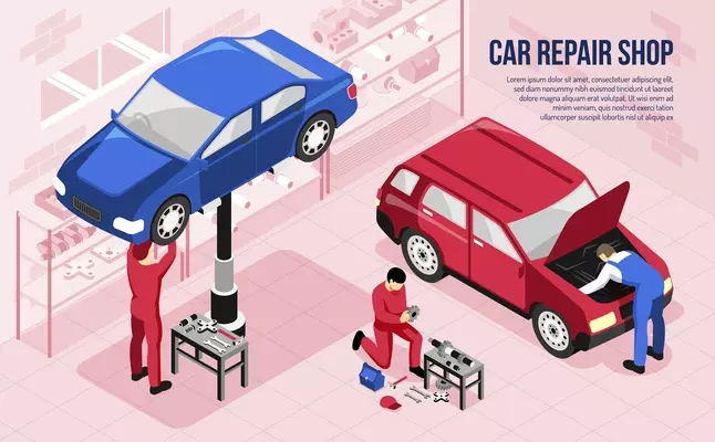 Mechanics with professional tools during work in car repair shop isometric horizontal vector illustration