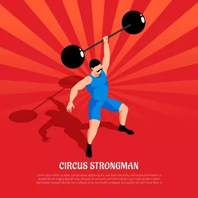 Circus strong man in blue costume with barbell on red radial background isometric vector illustration