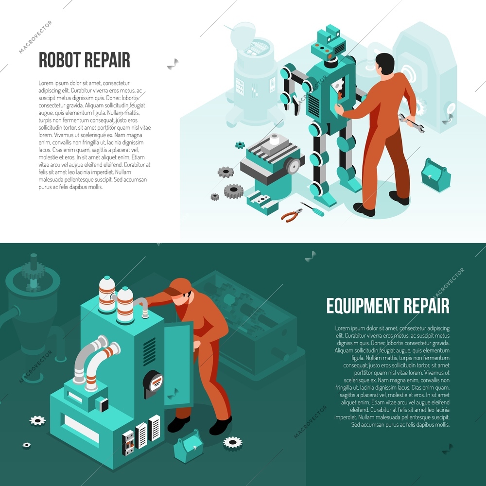 Mechanic set of isometric horizontal banners with repair of robot and maintenance equipment isolated vector illustration