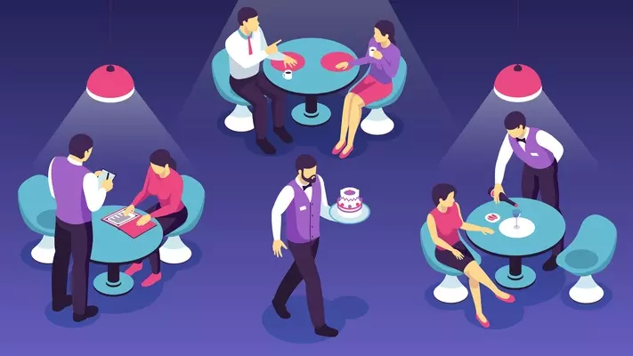 Restaurant waiters during clients service on dark background isometric horizontal vector illustration