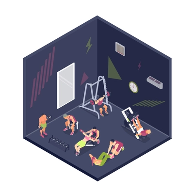 People doing fitness and training in gym 3d isometric vector illustration