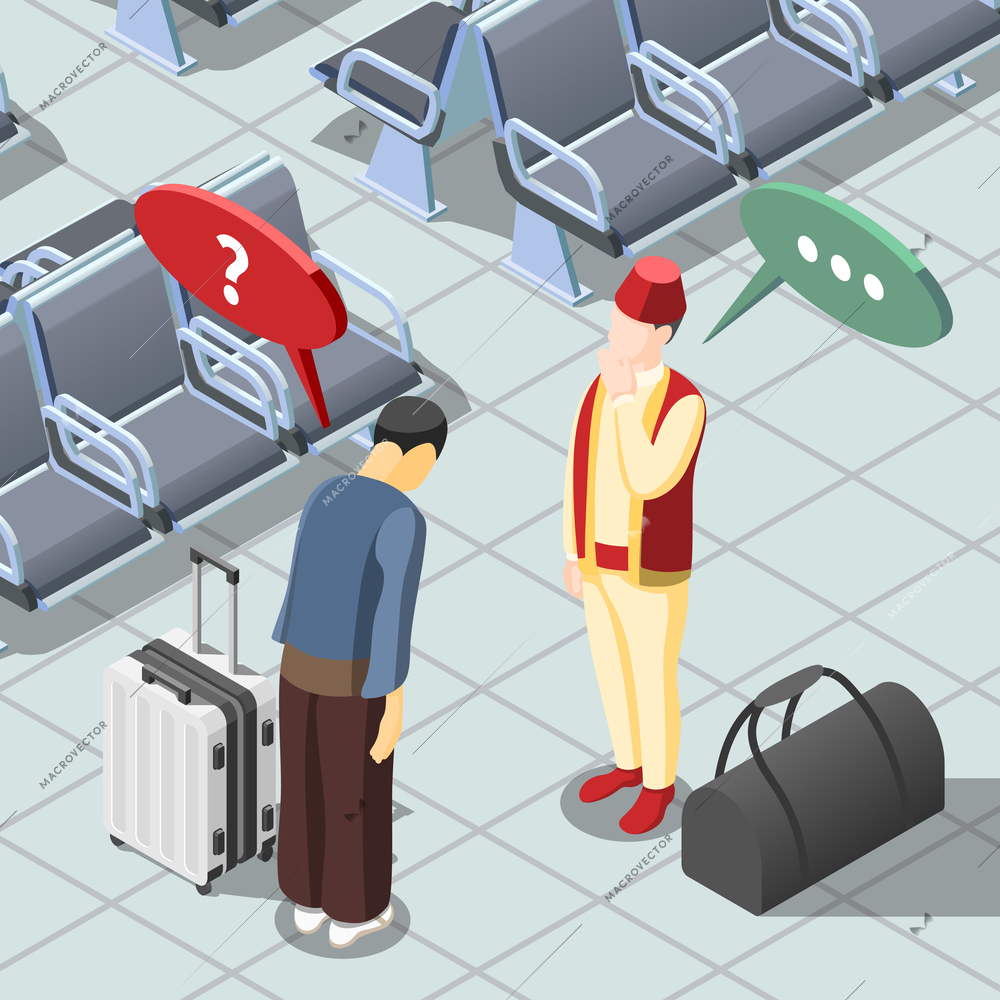 Two men from japan greeting each other isometric background 3d vector illustration