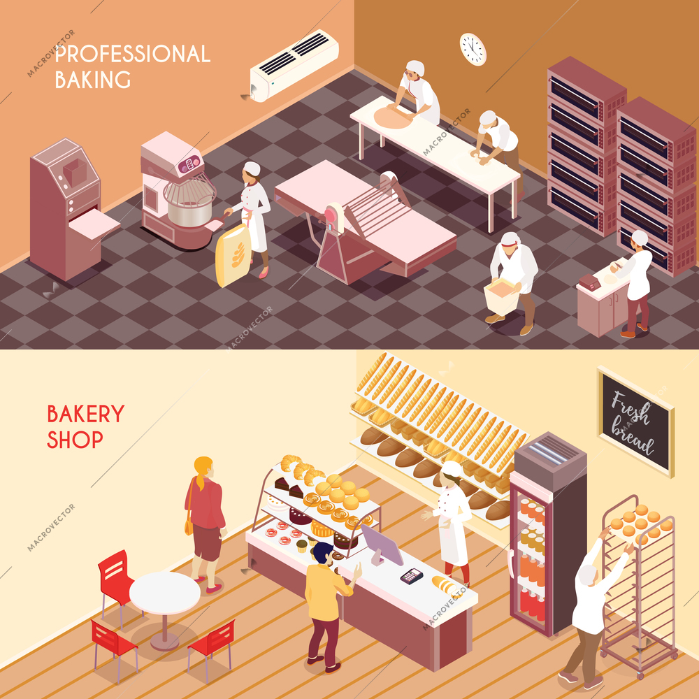 Set of horizontal isometric banners professional making of flour products and bakery shop isolated vector illustration