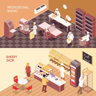 Set of horizontal isometric banners professional making of flour products and bakery shop isolated vector illustration