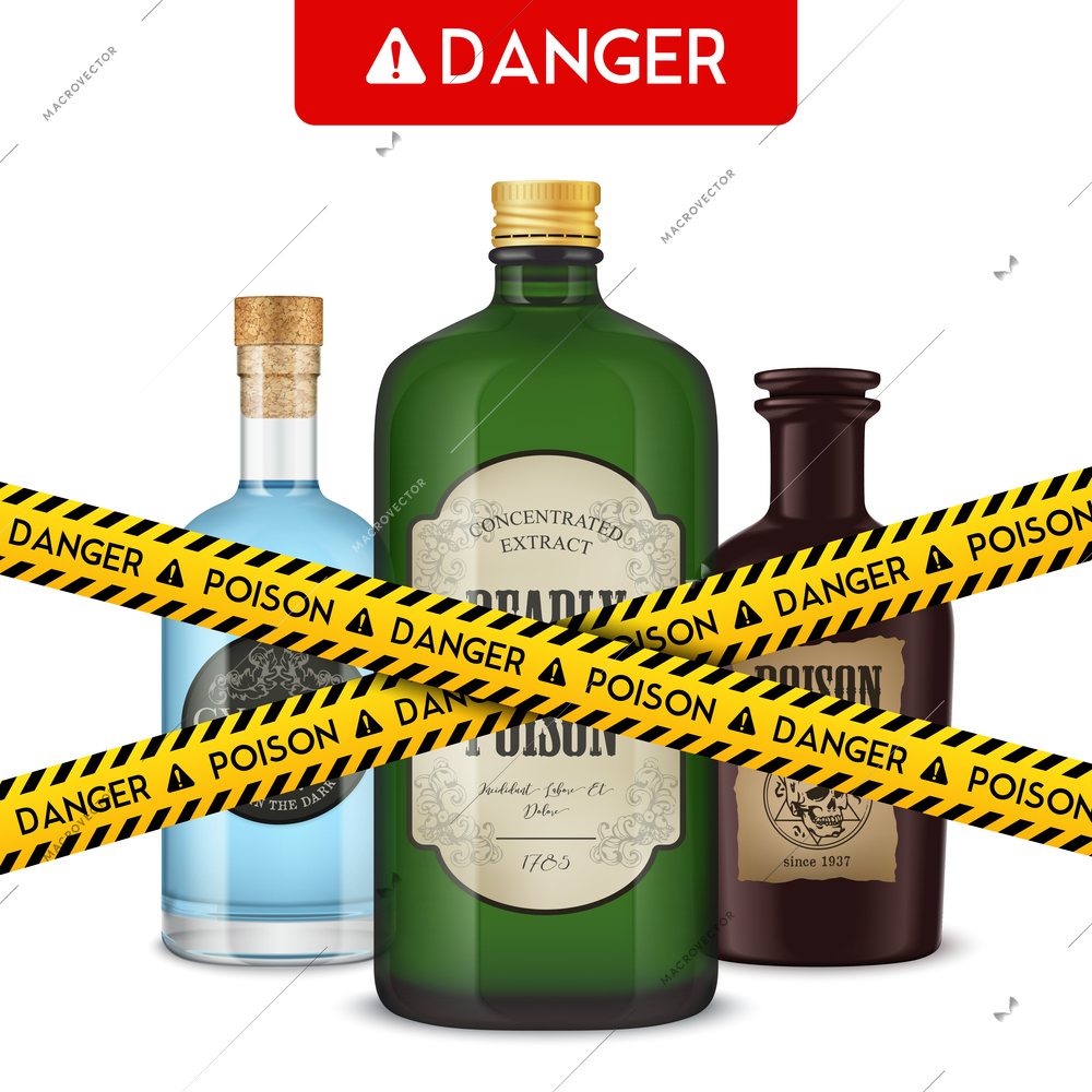 Realistic poison dangers poster with composition of three vintage style bottles and cordon tape with text vector illustration