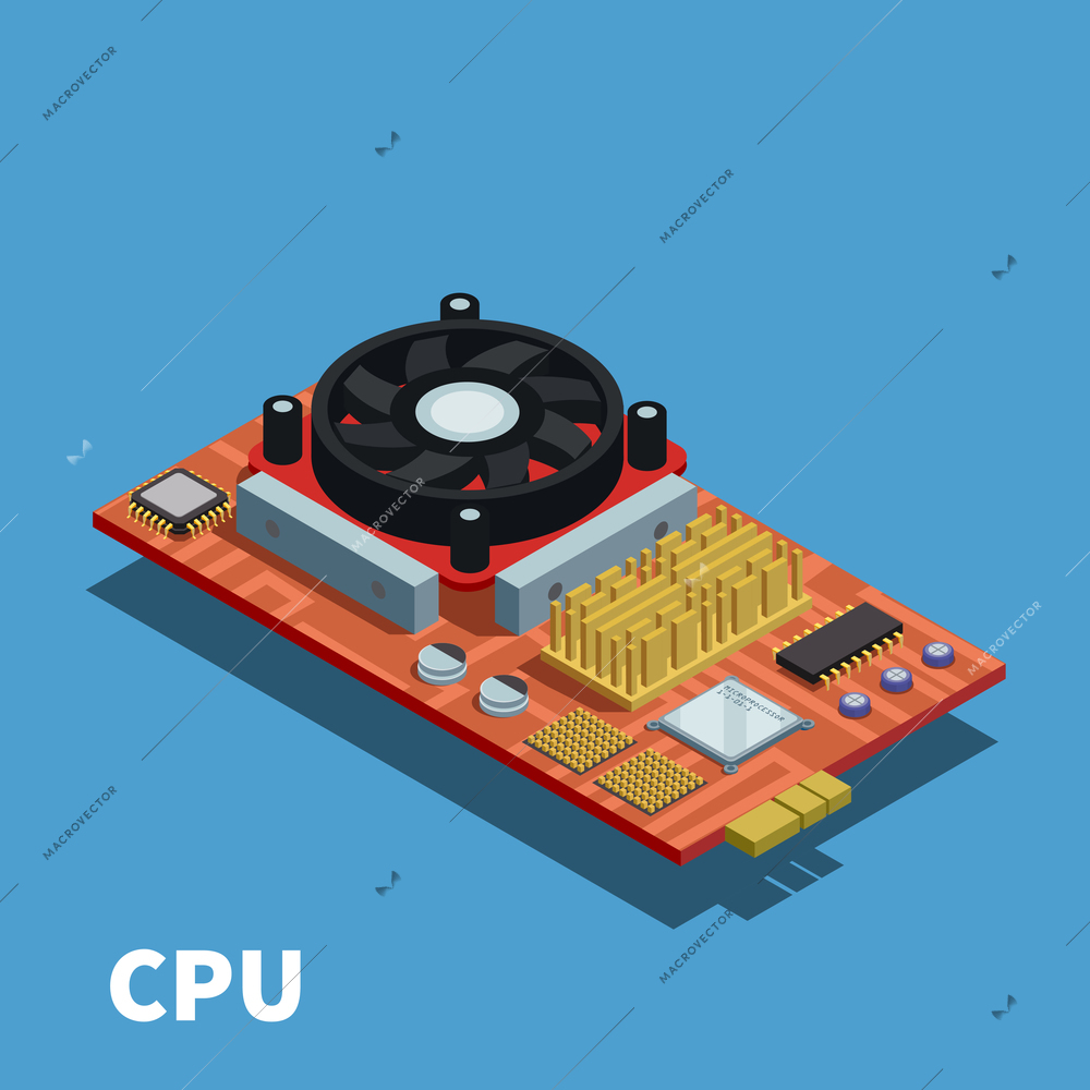 Semiconductor isometric poster demonstrated printed circuit board with central processing unit and cooling system vector illustration