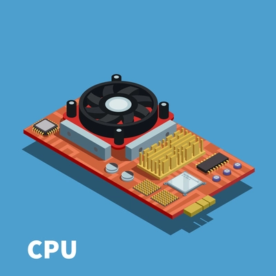 Semiconductor isometric poster demonstrated printed circuit board with central processing unit and cooling system vector illustration