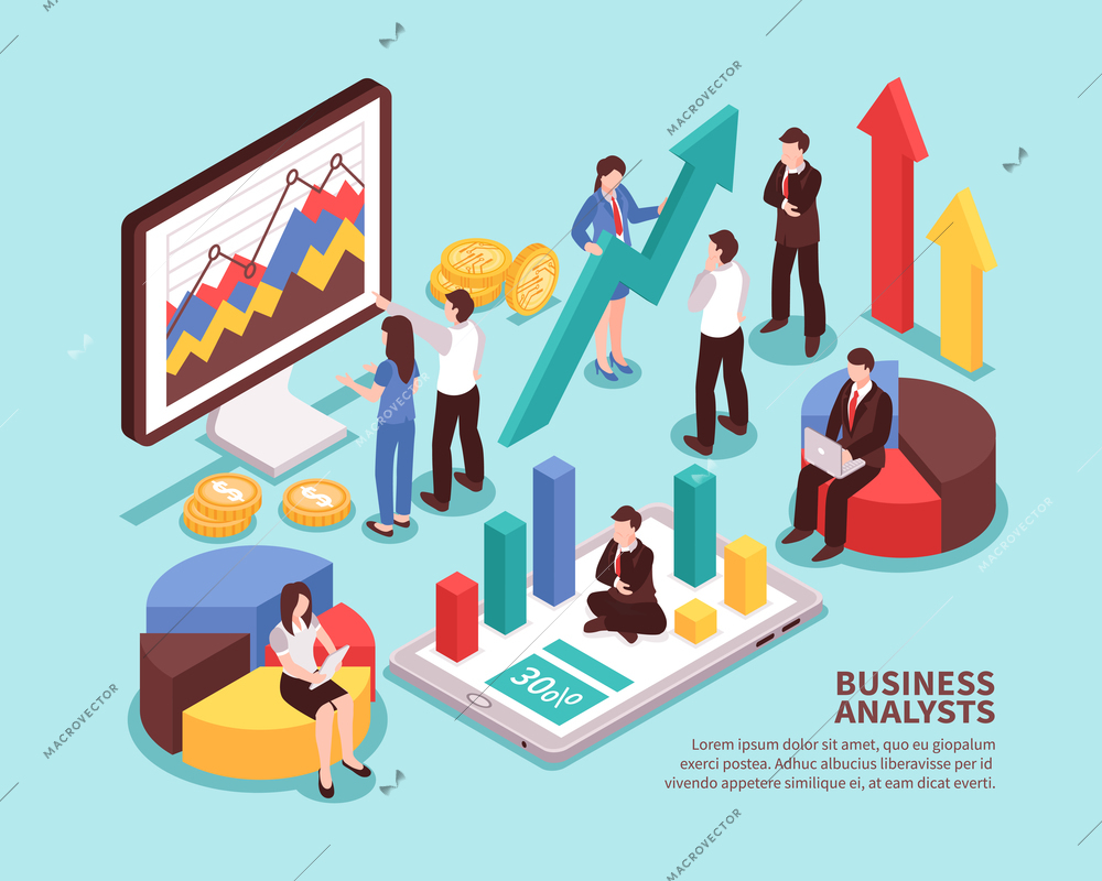 Business analyst concept with diagrams and statistics isometric isolated vector illustration