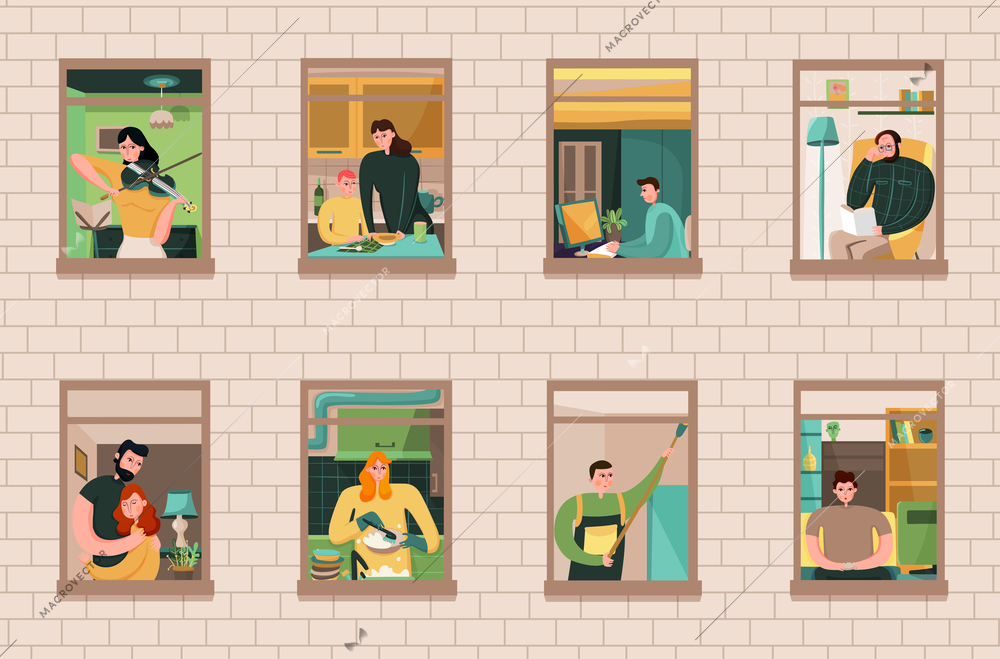 Set of neighbors during various activity in windows of house on brick wall background vector illustration