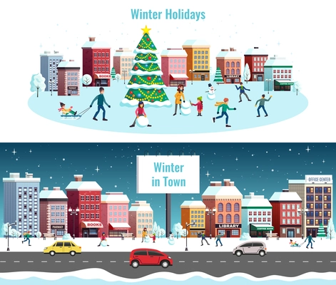 Winter city 2 flat horizontal banners with town street houses christmas tree skating children snowman vector illustration
