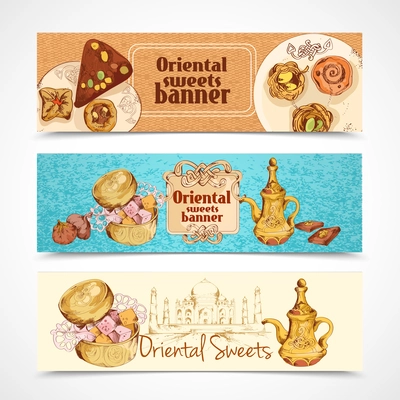 Oriental asian traditional sweet desserts banners set isolated vector illustration