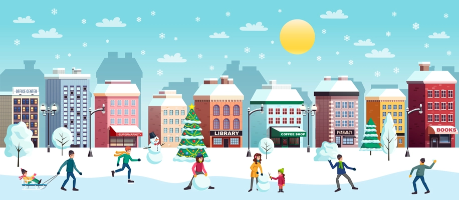 Winter holidays city snowy landscape flat horizontal banner with christmas tree snowman snowballs fight buildings vector illustration