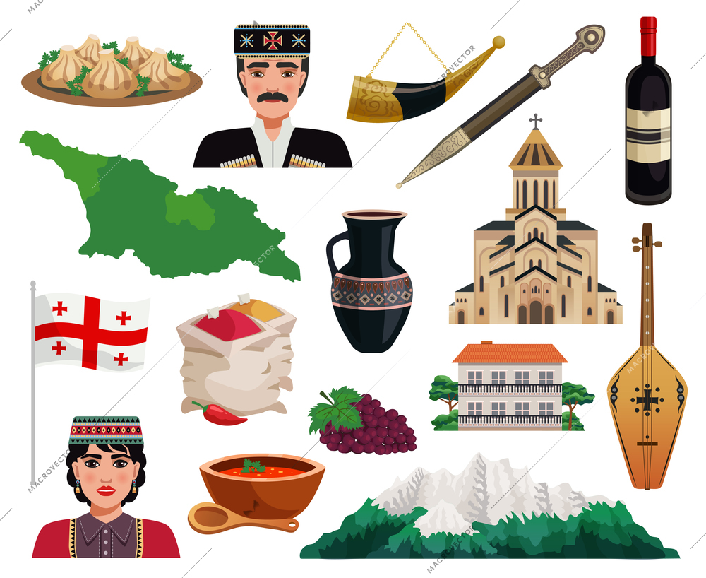 Georgia tourism flat icons set with country map flag monuments landmarks national cuisine dishes isolated vector illustration