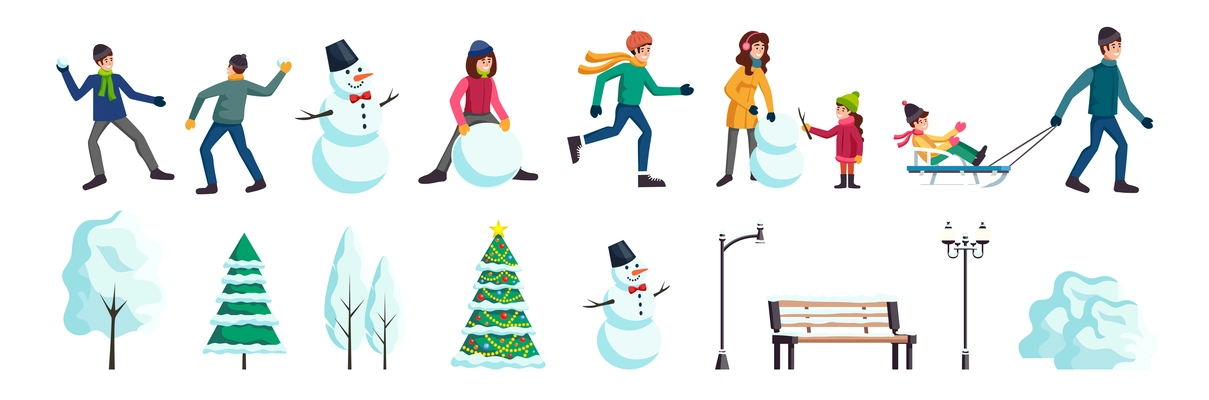 Winter city flat elements set with people skating snowballs fight family making snowman christmas tree vector illustration