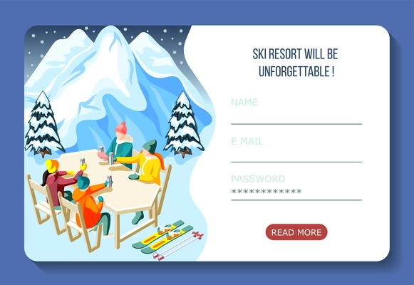 Ski resort isometric landing page with skiers during drinking hot beverage and user account interface vector illustration