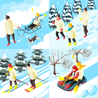 Family during winter holidays sledding game in snow balls and skiing isometric design concept isolated vector illustration