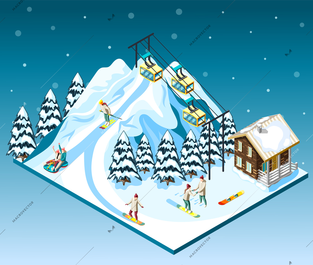 Ski resort isometric composition visitors on mountain slope house and funicular blue background with snow vector illustration