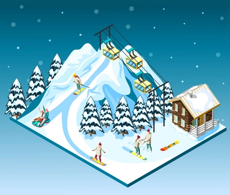 Ski resort isometric composition visitors on mountain slope house and funicular blue background with snow vector illustration