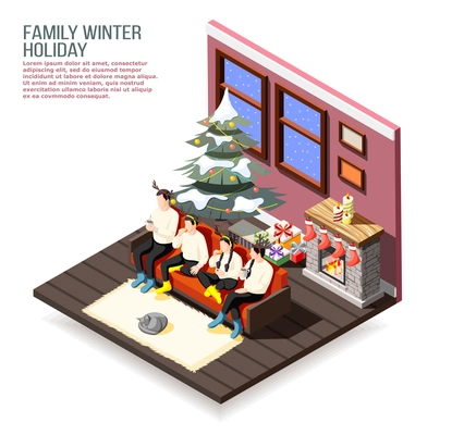 Family christmas holiday isometric composition with parents and kids on sofa in decorated home interior vector illustration